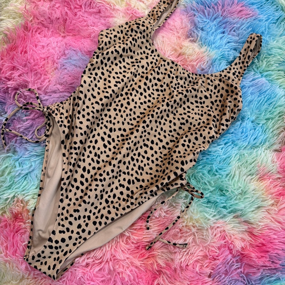 BNWOT Forever 21 One Piece Swimsuit Womens XL Tan New Leopard Metallic Side Tie